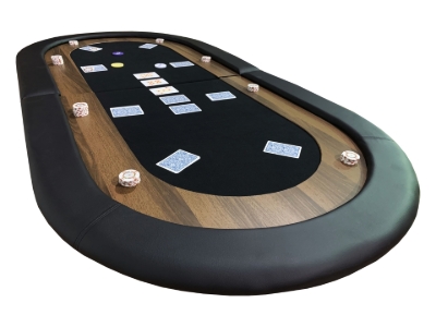 Black oval poker table top for 8 players, angled view