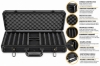 Black aluminum poker chip case, open, with poker chips